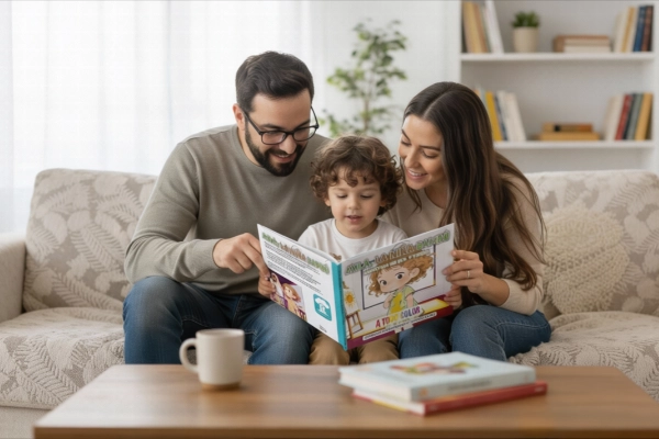 Familia leyendo un cuento respetuoso